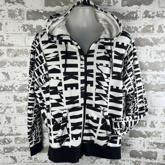 Nike Vtg Swoosh Hoodie Sz L Black White All Over Print‎ Full Zip Y2K Blue Tag - Picture 1 of 14